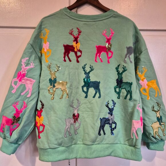 Queen of Sparkles Mint Green Sweatshirt With Velvet Reindeer & Bows - Picture 5 of 7
